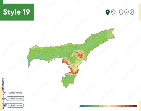 Assam, India - high detailed physical map. Vector map. Dem map. Stock ...