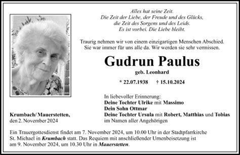 Traueranzeigen Von Gudrun Paulus Augsburger Allgemeine Zeitung