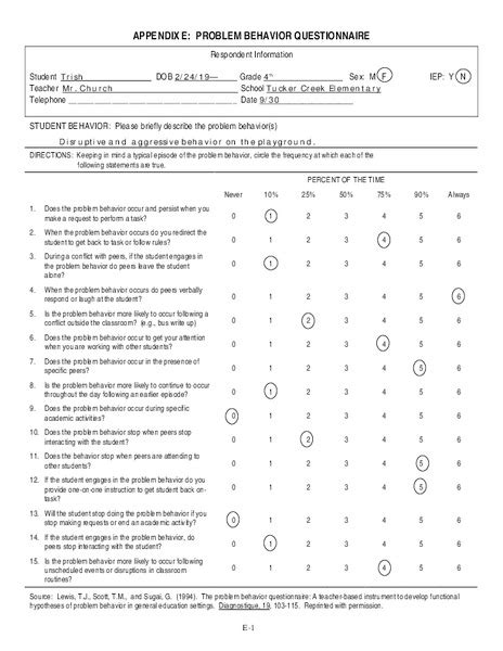 Problem Behavior Questionnaire Printables And Template For Pre K 12th