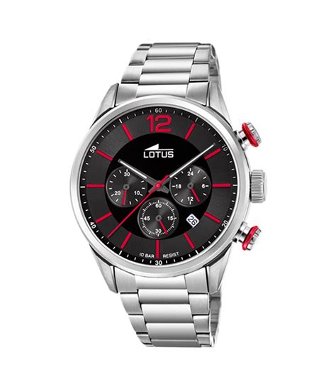 Montre Lotus Homme Acier Cadran Noir Index Rouge Chrono