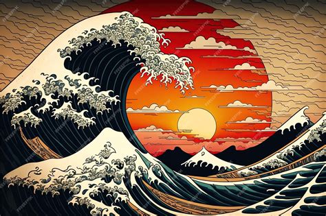 Premium Photo | Wave hokusai on raising sun background in japanese ...