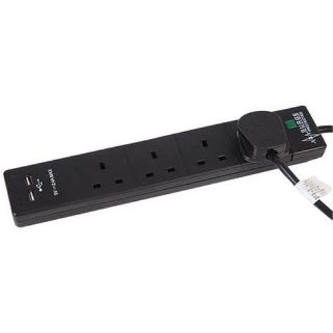 Black Surge Protected 4 Gang 5 Metre Extension Lead With 2 Usb Ports