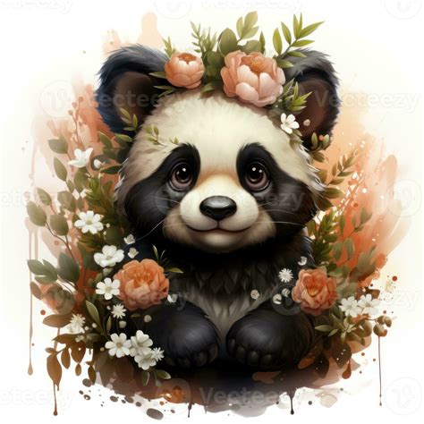 Cute Fluffy Baby Panda With Minimalist Flowers Disney Style Clipart AI