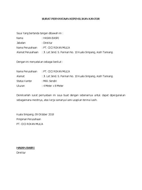 Surat Pernyataan Kepemilikan Kantor Pdf