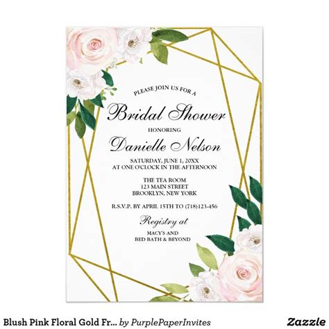 Blush Pink Floral Gold Frame Bridal Shower Invitation Bridal Shower