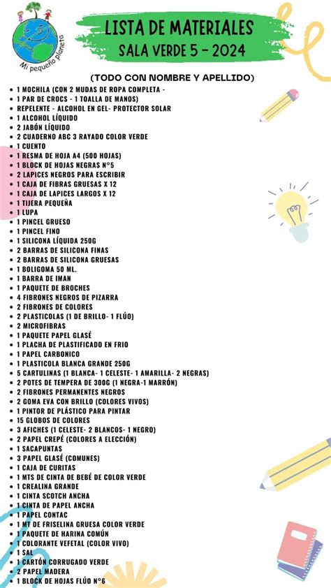 Lista de materiales 2024 Sala de 5 Verde Mi Pequeño Planeta