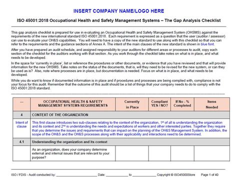 ISO 45001 2018 Gap Checklist ISO 45001 Store