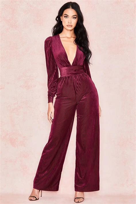 Elegant Burgundy Jumpsuit Women V Neck Long Sleeve Rompers 2018 New