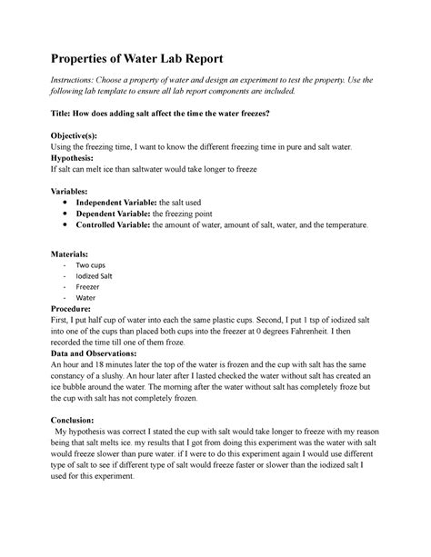 Properties Of Water Lab Report Properties Of Water Lab Report