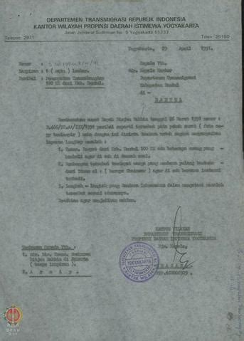 Surat Dari Kepala Kantor Wilayah Departemen Transmigrasi Provinsi DIY