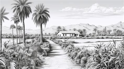 Premium AI Image | Realistic Black And White Farm Drawing With Palm Trees