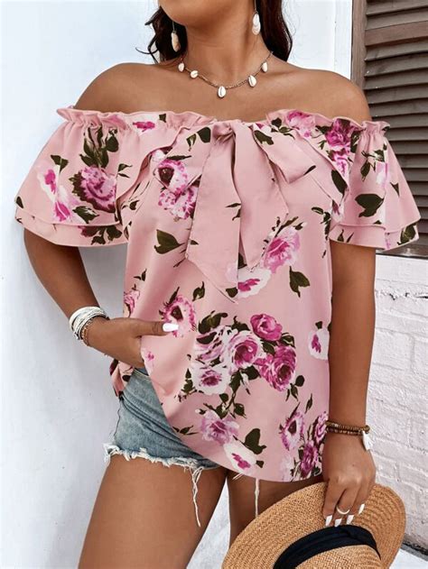 Shein Vcay Plus Floral Print Off Shoulder Knot Front Blouse Shein Usa