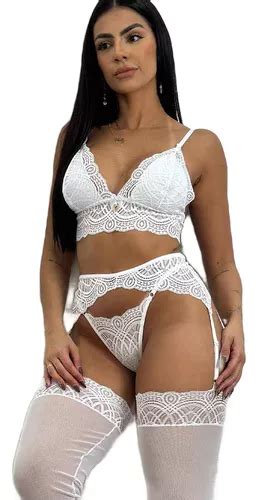 Lingerie Sensual Soutien Calcinha Renda Meias Luxo Completa