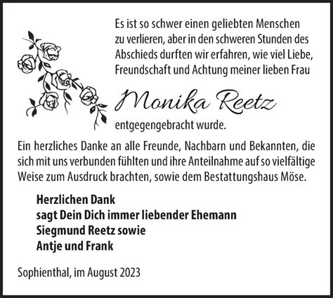 Traueranzeigen von Monika Reetz Märkische Onlinezeitung Trauerportal