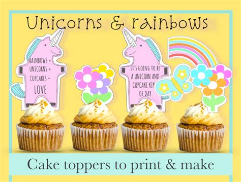 Unicorn Cupcake Toppers Diy Pink Unicorn And Rainbow Cake Etsy