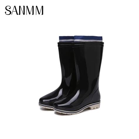 Sanmm Women Slip On Mid Calf Rainboots Non Slip Waterproof Autumn Boots