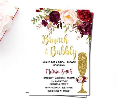 Brunch And Bubbly Invitation Burgundy Bridal Shower Brunch Invite Marsala Maroon Pink Blush Floral