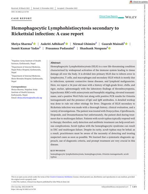 PDF Hemophagocytic Lymphohistiocytosis Secondary To Rickettsial