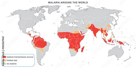 Malaria disease around the world, 2014. Warning map for travelers with dangerous areas ...