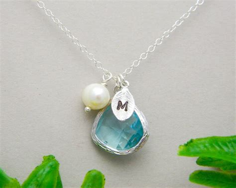 Silver Birthstone Aquamarine Necklace Personalized Initial - Etsy