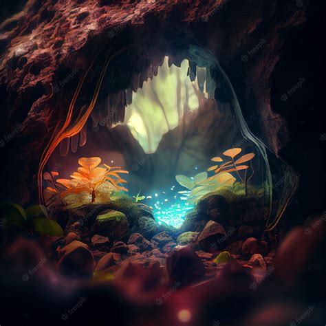 Premium Photo | Cave filled with lots of rocks and plants generative ai