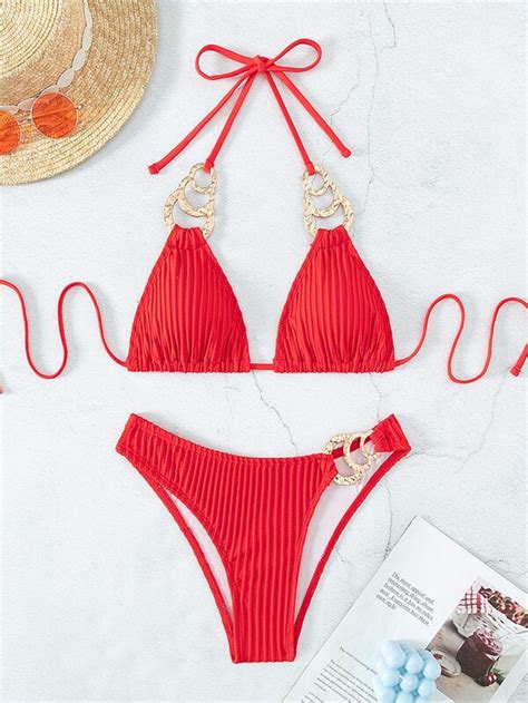 Shein Swim Y Glam Ring Decor Halter Triangle Bikini Swimsuit Shein Usa