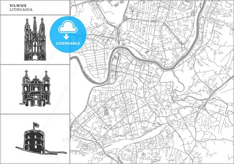 Vilnius city map with hand-drawn architecture icons - HEBSTREITS