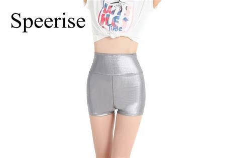 Speerise Adult Silver Metallic Shorts Rave Booty Shorts High Waist Cheer Shorts Nylon Lycra