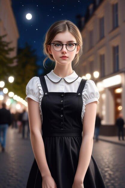 Premium Photo A Pretty European Girl In A Black Pinafore Dress And Glasses On A Night