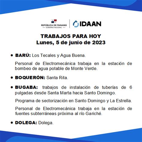 IDAAN on Twitter Chiriquí Trabajos programados para hoy lunes 5 de