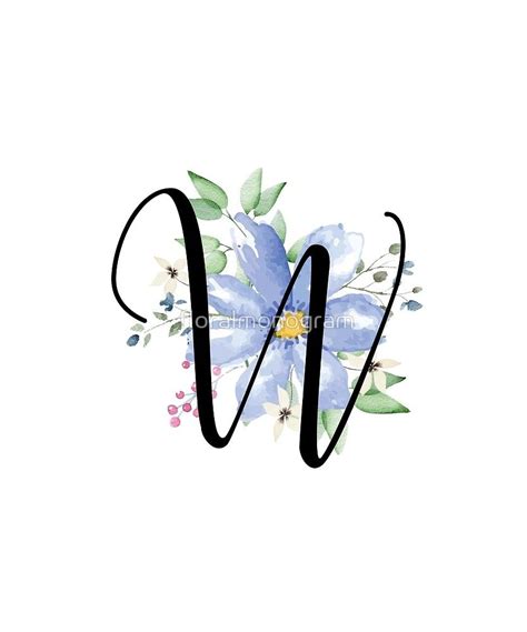 Monogram W Beautiful Watercolor Blue Flower Sticker By Floralmonogram