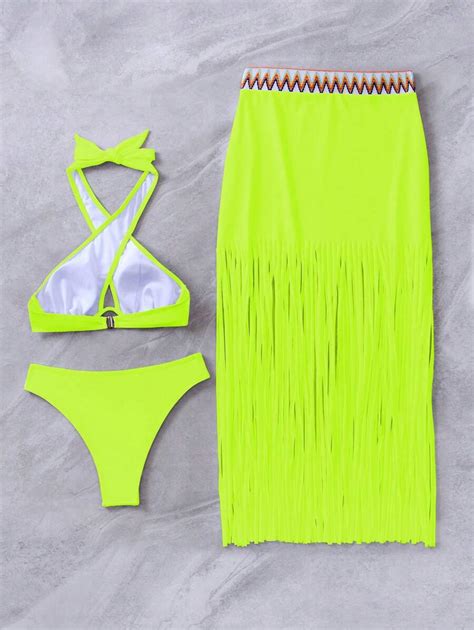 Criss Cross Halter Bikini Swimsuit With Beach Skirt Her Shop EG