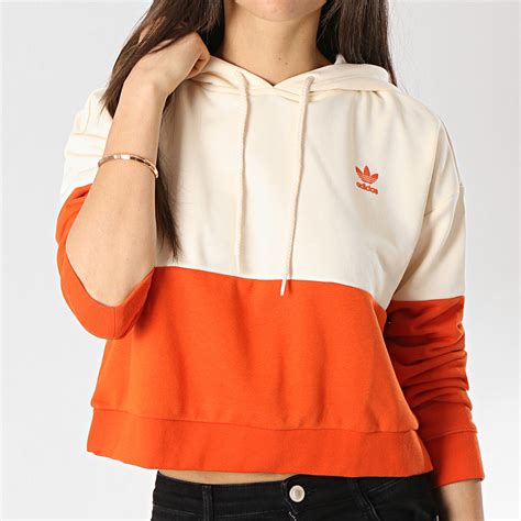 Adidas Originals Sweat Capuche Crop Femme Du9945 Ecru Orange