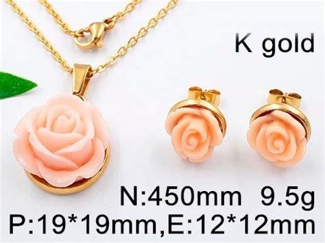 Set Dorado Dije Y Aretes Rosa Peach Azulturquesa Joyer A De Acero