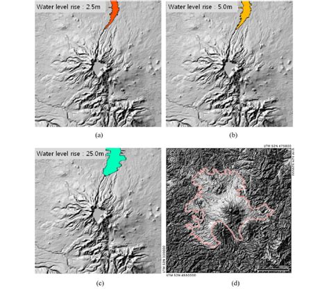 Expected damage range of Lahars. (a), (b), (c) lahars diffusions at... | Download Scientific Diagram