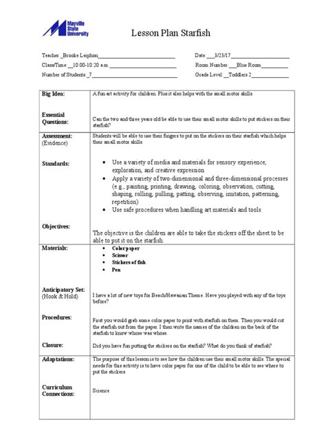 Starfish Lesson Plan Lesson Plan Education Theory