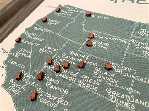 National Park Push Pin Map With Tree Push Pins Great Outdoors Etsy