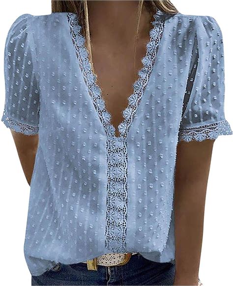 Bluse Spitzen Hemd Damen V Ausschnitt Elegant Kurz Rmel Tunika Blusen