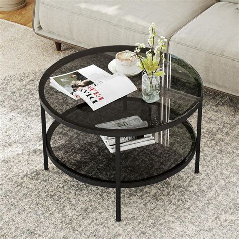 Yusong Round Glass Coffee Tables For Living Room 2 Tier Circle Coffee Table With Storage 26