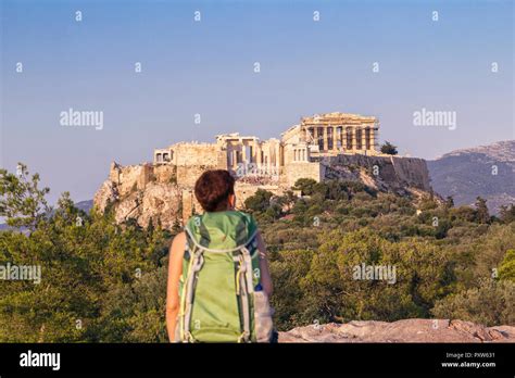 Greece Athens Tourist Looking To The Acropolis From Pnyx Stock Photo