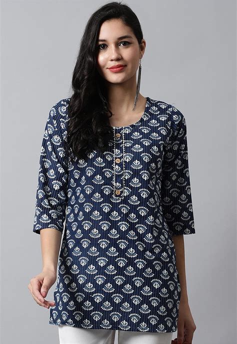 buy digital printed pure cotton short kurti  navy blue