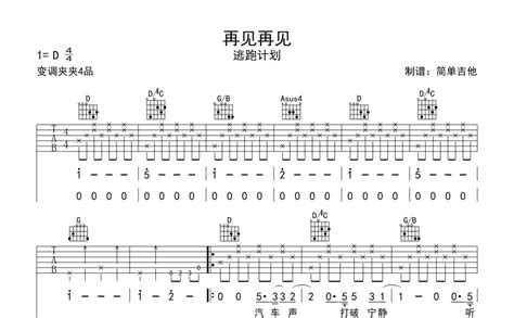 逃跑计划乐队再见再见吉他谱 D调吉他弹唱谱 打谱啦