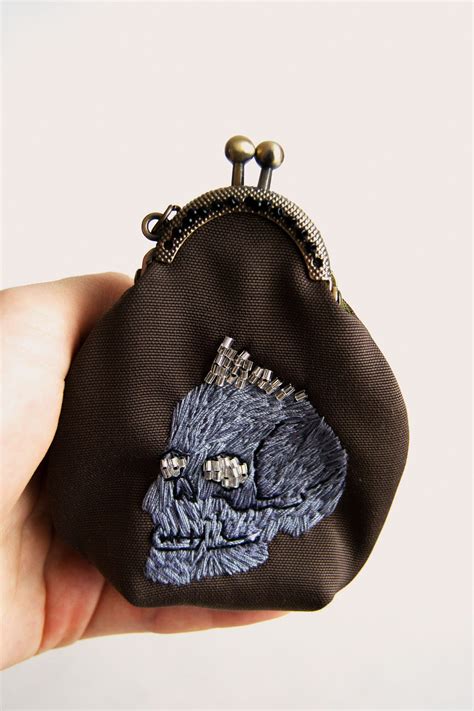 Goth Wallet With Skull Embroidery Gray Skull Keychain Wallet Etsy