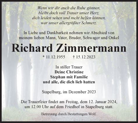 Traueranzeigen Von Richard Zimmermann Abschied Nehmen De