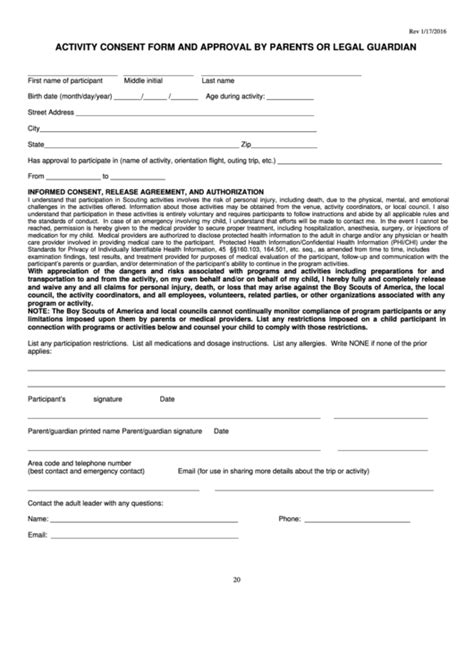 Fillable Activity Consent Form And Approval By Parents Or Legal