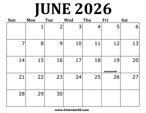 June 2026 Calendar Printable - Calendar20.com