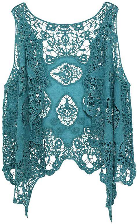 Jastie Open Stitch Cardigan Boho Hippie Crochet Vest Pagoda Blue At