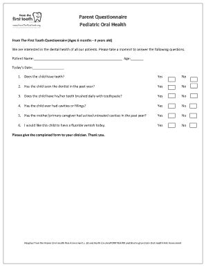 Fillable Online Fromthefirsttooth Parent Questionnaire Pediatric Oral