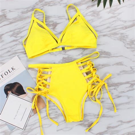 Vintage Neon Yellow High Waist Bikini Set For Women Sexy Push Up