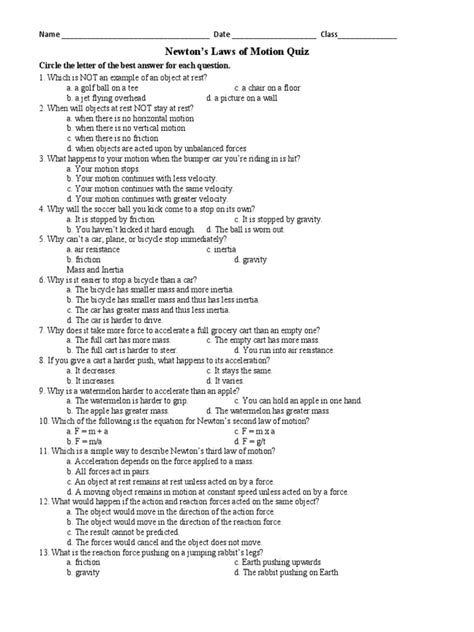 Newtons Laws Of Motion Quiz Pdf Force Newton S Laws Of Motion